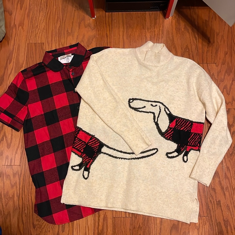 Loft Dachshund Buffalo Plaid Sweater And Ss Button Do… Gem